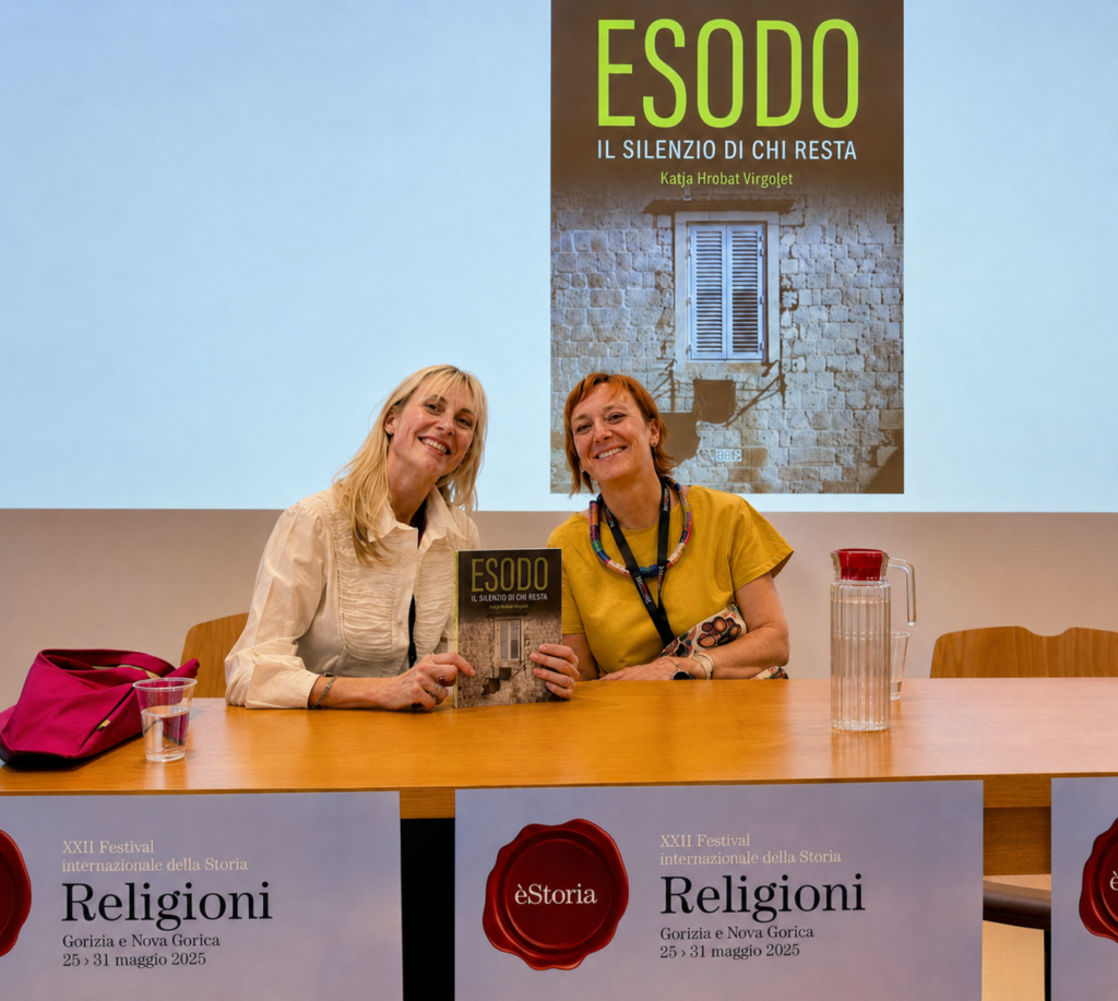 <p style="text-align: center;">Fig. 2 Katja Hrobat Virloget (destra) e Barbara Sturmar (sinistra) in occasione della presentazione del libro a èStoria, Gorizia, 30 maggio 2026</p> <p> </p>